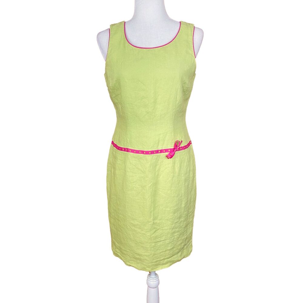 Vintage Althuser Sleeveless Drop Waist Sheath Dress Size 8 Green Linen Pink Trim